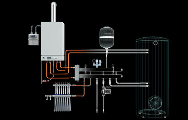 Layout of Industrial Boiler Room Interior with Pipes, Valves, Machinery and Heating System Equipment, 3D Rendering, wireframe