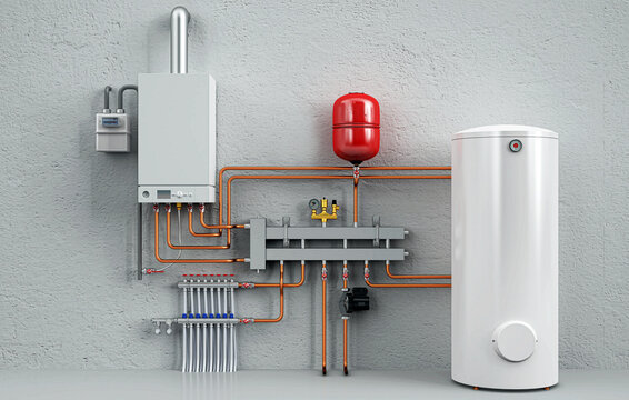 3D Rendering of Industrial Boiler Room Interior with Pipes, Valves, Machinery and Heating System Equipment