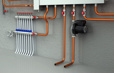 3D Rendering of Industrial Boiler Room Interior with Pipes, Valves, Machinery and Heating System Equipment