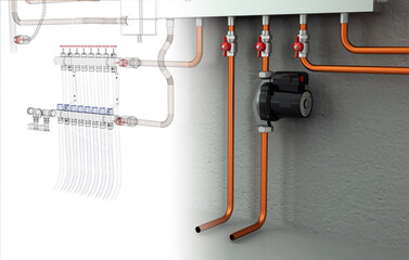 Layout of Industrial Boiler Room Interior with Pipes, Valves, Machinery and Heating System Equipment, 3D Rendering, wireframe