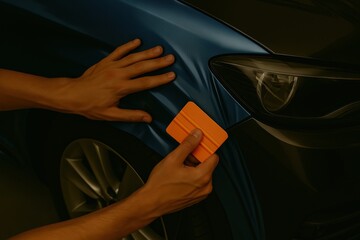 Close-up of hands applying vinyl wrap to a car — showcasing precision, customization, and surface transformation. Ideal for auto styling, branding visuals, and customization service campaigns