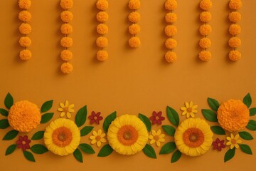 Decorative floral background with hanging garlands and vibrant petals — perfect for Onam, Diwali, and Pongal themes. Ideal for festive branding, cultural campaigns, and seasonal promotions