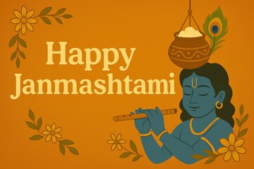 Decorative Janmashtami setup with peacock feathers, Krishna’s flute, traditional pot, lamp — symbolizing devotion, festivity, and cultural richness. Ideal for spiritual branding and festive campaigns