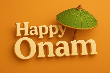 3D render of elegant Onam text with Olakkuda (palm leaf umbrella) — symbolizing tradition, festivity, and Kerala heritage. Ideal for cultural branding, seasonal campaigns, and festive greetings