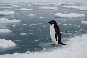 Naklejka premium Solitary penguin navigating the icy ocean