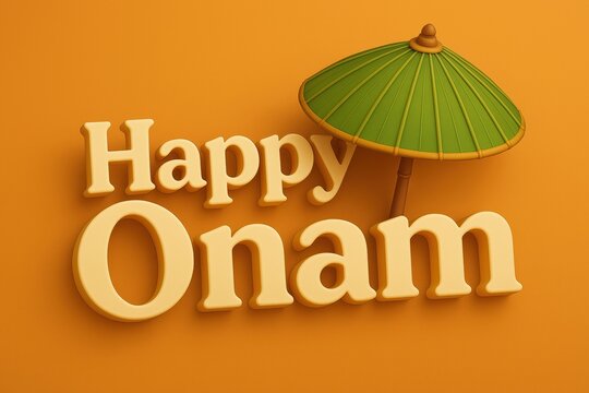 3D render of elegant Onam text with Olakkuda (palm leaf umbrella) &mdash; symbolizing tradition, festivity, and Kerala heritage. Ideal for cultural branding, seasonal campaigns, and festive greetings