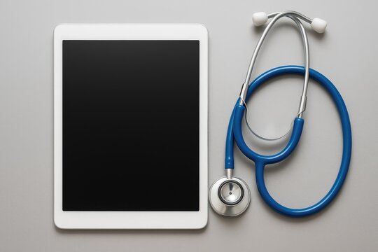 Healthcare tools featuring a blue stethoscope and digital tablet on a neutral backdrop - Powered by Adobe