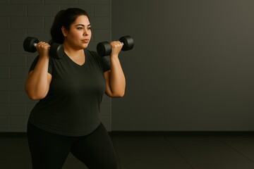 A plus-size woman training with dumbbells — symbolizing empowerment, body positivity, and active wellness. Ideal for fitness branding, health campaigns, and inclusive lifestyle visuals
