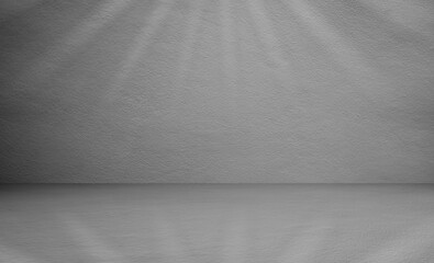 Background gray white wall studio, Interior kitchen room with light, shadow on desk floor, Empty backdrop Grey podium display for cosmetic product, Interior room with sunlight on concrete wall