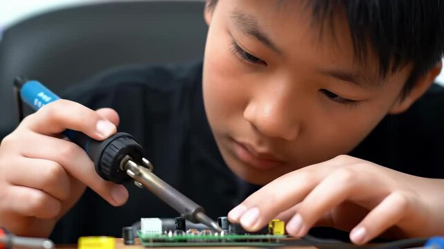 Asian Male Child Soldering Electronics with Concentration                                              