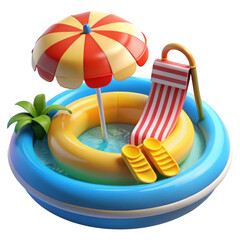 Summer inflatable pool with umbrella and beach towel isolated on transparent background