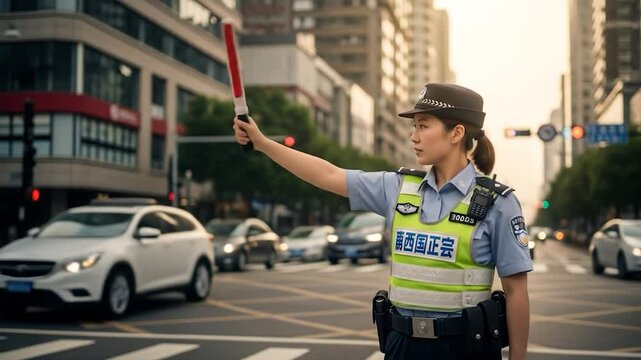 Female traffic police officer directing traffic with baton in urban city street, maintaining order and safety