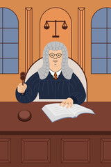 Illustration of a judge sitting at the courtroom desk with one hand resting on a law book and the other holding a gavel.