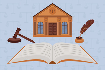 Illustration featuring justice-themed icons: courthouse building, quill with ink, law book, and judge’s gavel. Symbolizing legal authority, judicial process, and the rule of law. 