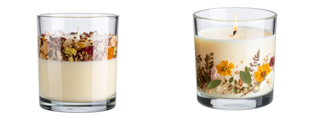 Elegant Floral Scented Candle in Decorative Glass Holder for Serene Home Decor, Transparent Background PNG