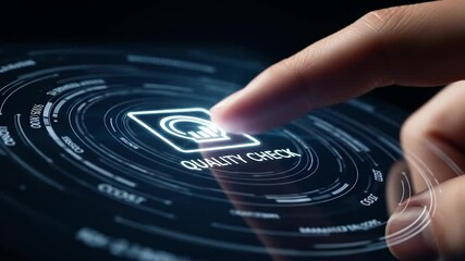 Finger activates Quality Check button on digital interface with futuristic HUD elements - Powered by Adobe