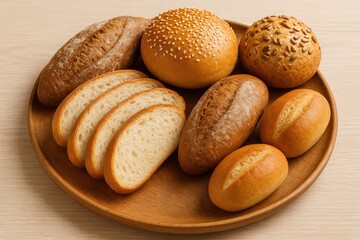 Wooden platter showcasing assorted bread and buns