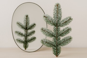 Reflection of an evergreen branch in a mirror
