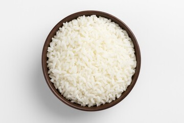 Top-down view of a cooked rice bowl against a plain white backdrop
