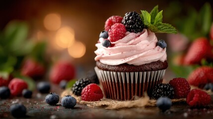 Delicious Chocolate Cupcake Topped with Creamy Frosting and Fresh Berries