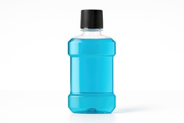 Container of blue oral rinse liquid on a plain white backdrop