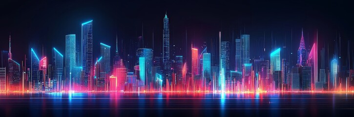 Fototapeta premium City skyline with glowing blue and red neon skyscrapers against dark background in futuristic cyberpunk style