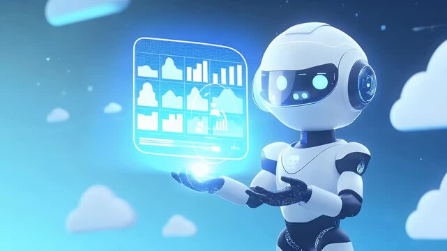 A friendly robot displays data visualization