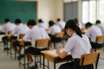 Faint image of pupils sitting for an exam in school attire
