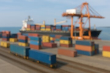 Fuzzy image of freight transportation with cargo containers and loading vehicles