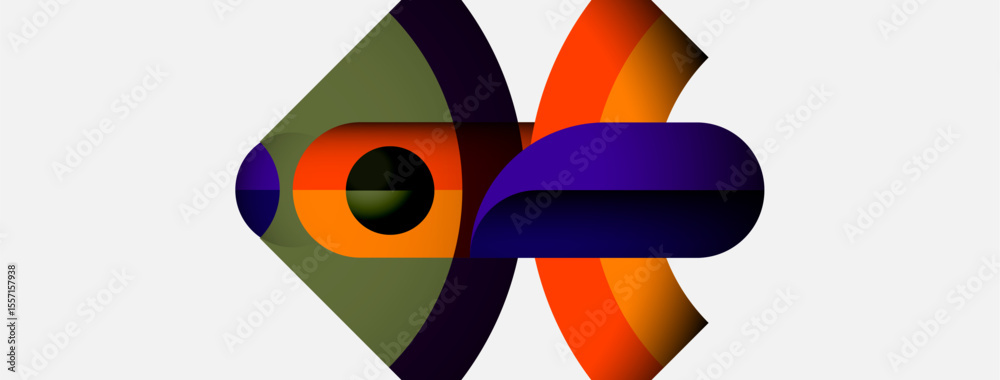 Poster Abstract shapes overlap, creating dynamic composition. Colors include purple, orange, green, black. Minimalist design with smooth gradients.