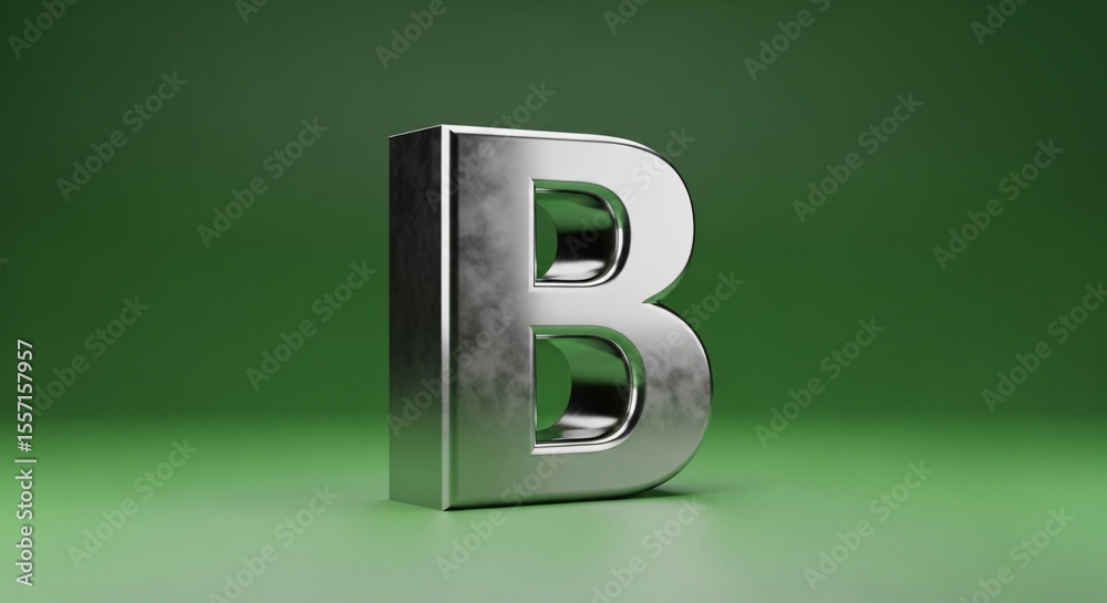 Fototapete a shiny letter b standing upright on a green surface with a green background in a studio setting