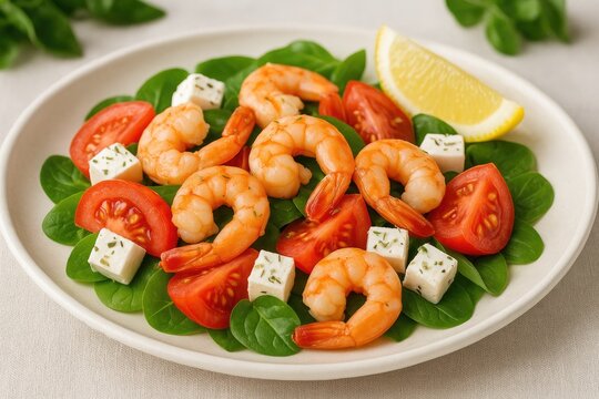 Close-up of a dish featuring shrimp, fresh tomatoes, and crumbled feta cheese on a plate.