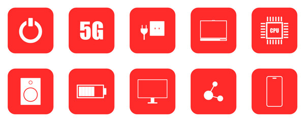Technology Icons Set, Modern Technology Icons, Electronic Device Symbols Collection, Flat Digital Interface Icons on transparent background