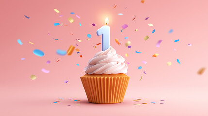 Cupcake with a number 1 candle celebrates a first birthday or anniversary, with colorful confetti falling against a pink background