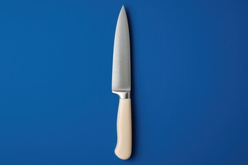 Elegant white-handled knife with a sharp blade set against a blue backdrop