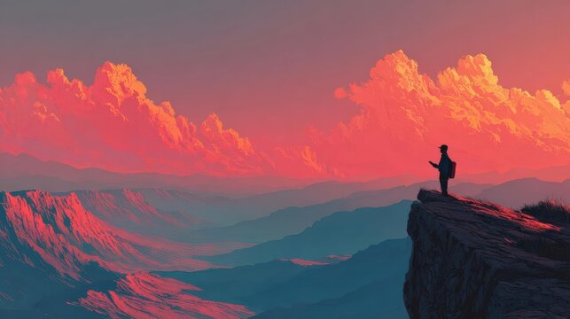 Illustrate a solitary figure setting ambitious goals amidst a vast landscape at sunrise