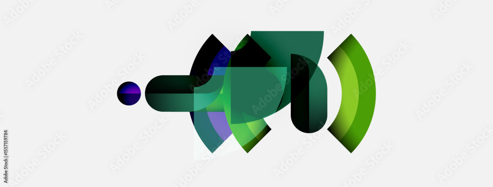 Poster Abstract shapes overlap, creating dynamic composition. Green, purple hues dominate neutral background. Modern design element.