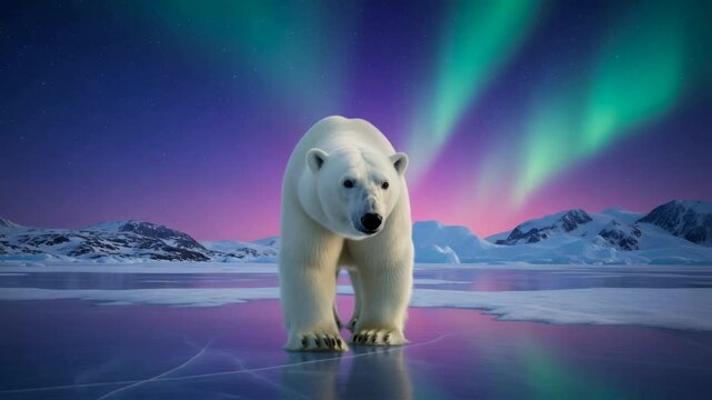 Polar bear stands proudly on an ice floe beneath colorful northern lights, with serene waters and majestic mountains in the background, capturing the essence of wildlife in a breathtaking landscape
