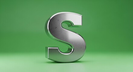 A shiny metallic letter s standing upright against a solid green background in a studio setting