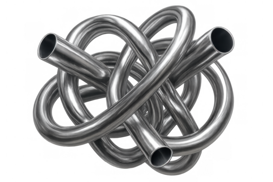 Shiny chrome pipes intertwining and forming complex knot, isolated on transparent background, conveying concepts of connection, complexity, and industrial design