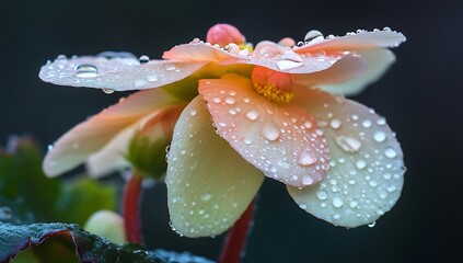 A close-up view of the delicate orange-pink begonia flower petals and stamens, adorned with sparkling dewdrops, glowing softly in the fresh morning sunlight.