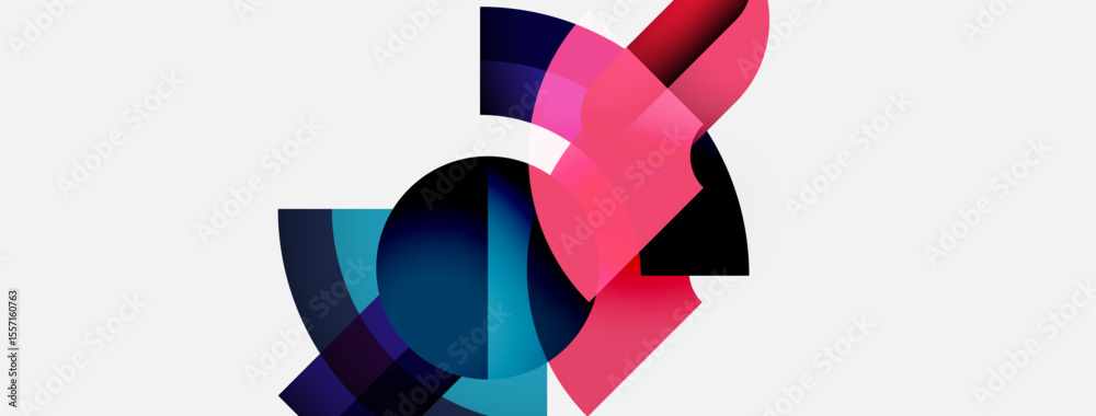 Poster abstract shapes overlap, creating dynamic composition. pink, blue, black hues dominate white backgro