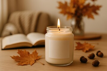 Autumn-themed indoor setting with a lit candle and a personalized label