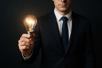 Entrepreneur showcasing a glowing light bulb in a dark setting