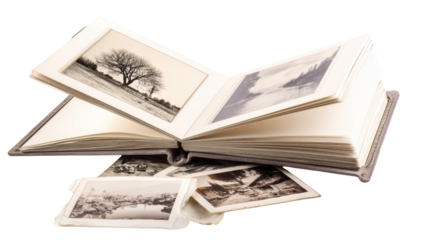Open photo album with vintage photographs displayed.