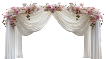 Elegant floral wedding arch with drapery.