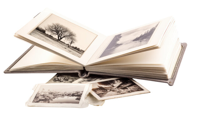 Open photo album with vintage photographs displayed.