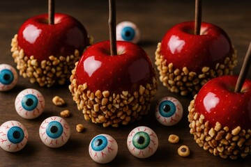 Sugary red apples dipped in caramel and covered with chopped walnuts, encircled by floating eyeballs