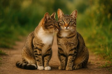 Obraz premium A pair of cats sharing a loving moment while sitting on the ground
