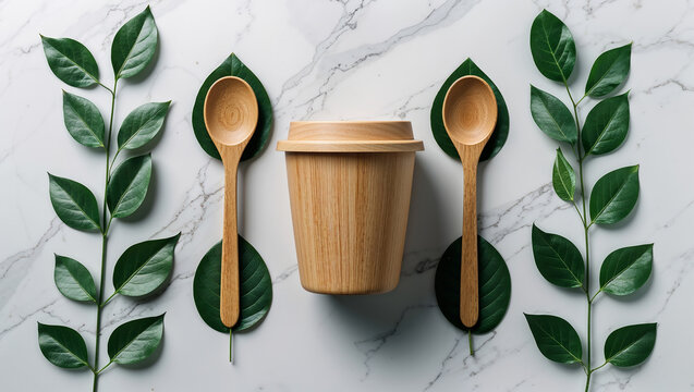 Wooden coffee cup, spoons, and leaves promoting eco friendly practices